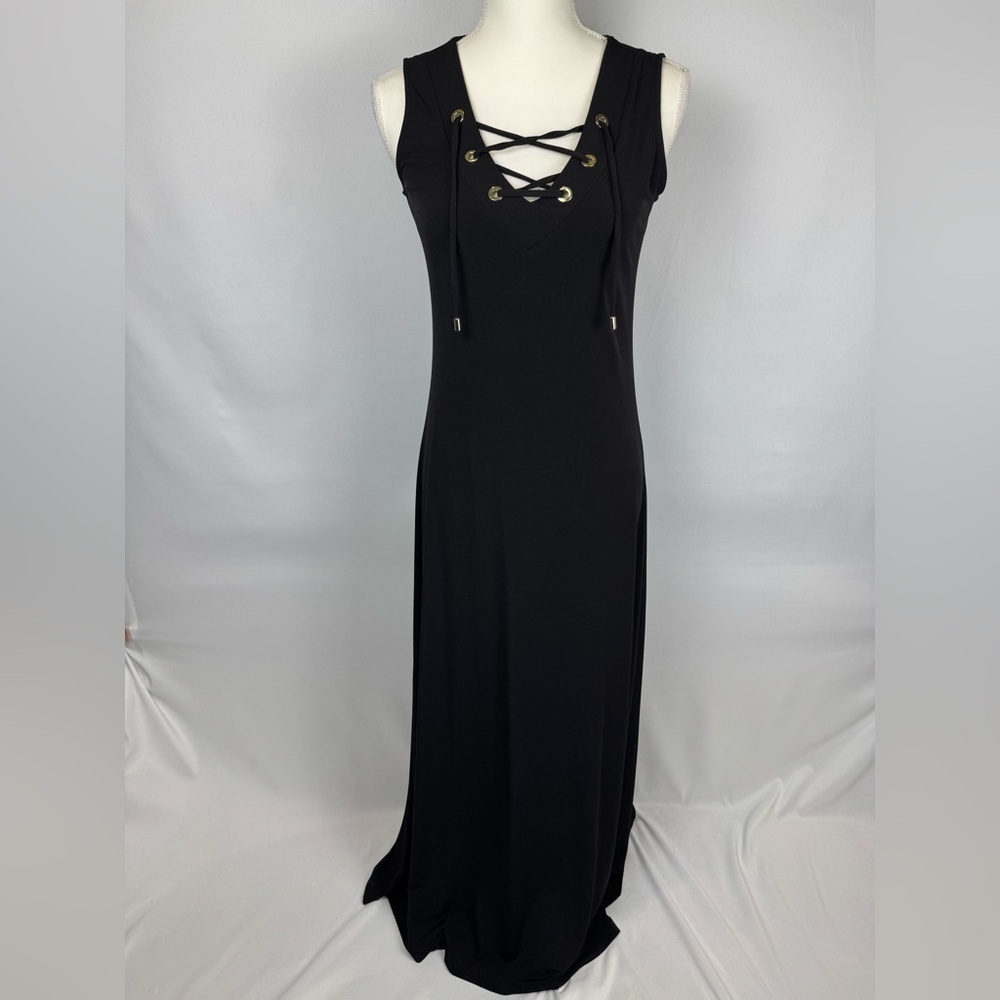 Catherine Malandrino Maxi Dress Sleeveless Black & Gold Stretchy Slim Fit Small